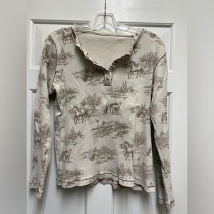 Beige Long Sleeve Top with Horse Print
